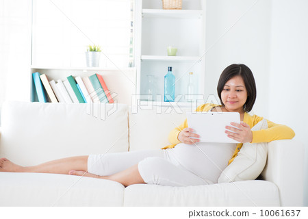 Asian  pregnant woman using tablet computer 10061637