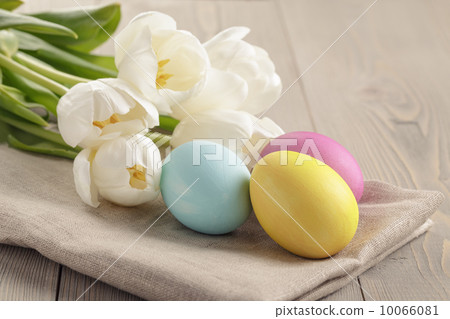 pastel color easter eggs with tulips on table 10066081