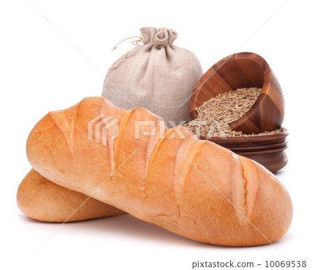 Bread, flour sack and grain isolated on white background cutout 10069538