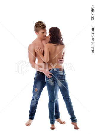 Excited topless lovers posing hugging each other Excited topless lovers posing hugging each other 10070693