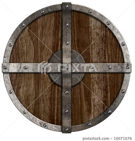Medieval wooden shield isolated on white 10071076