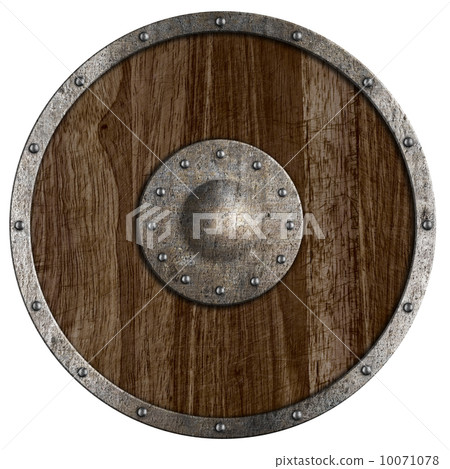 Medieval or vikings' wooden shield isolated on white 10071078