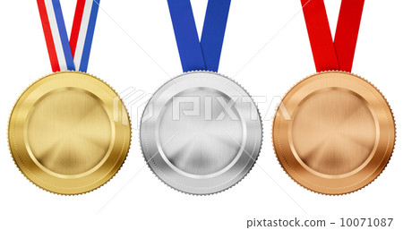 gold, silver, bronze medal set with different ribbons isolated o 10071087
