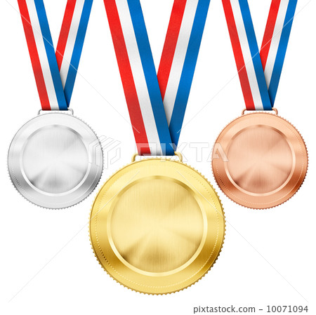 gold, silver, bronze realistic sport medals with tricolor ribbon gold, silver, bronze realistic sport medals with tricolor ribbon 10071094