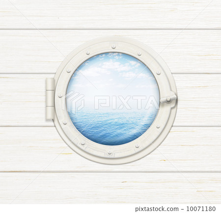 ship window or porthole on wooden wall with sea or ocean visible 10071180
