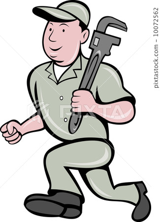 plumber with monkey wrench running 10072562