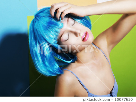 Imagination. Kinky Queer Woman in Cyan Artsy Peruke 10077630