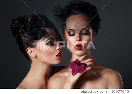 Glam. Affectionate Quaint Women in Voiles with Violet Flower. Retro Style 10077640