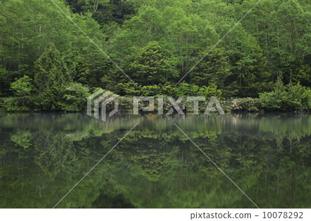The fresh green of Daike Ka Pa is reflected on a quiet lake surface 10078292