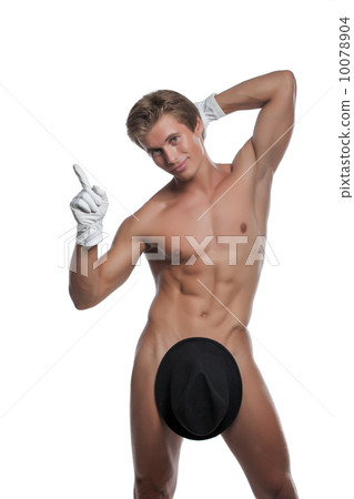 Smiling naked guy posing in gloves with hat 10078904