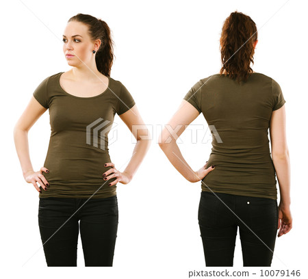 Woman wearing blank olive green shirt 10079146