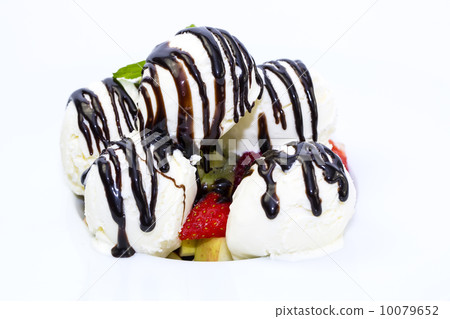 fruit salad and ice cream on white background 10079652