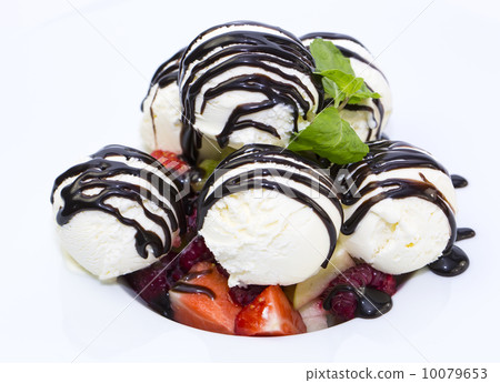 fruit salad and ice cream on white background fruit salad and ice cream on white background 10079653