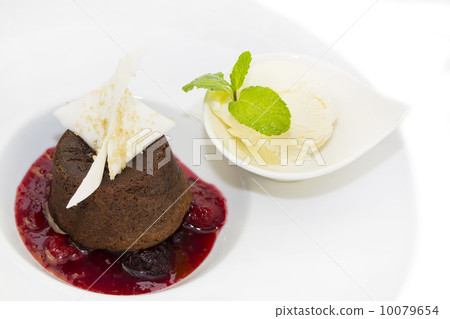 poppy seed dessert with ice cream on white background 10079654