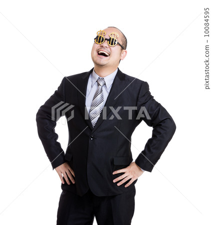 Happy rich businessman wear dollar sign glasses Happy rich businessman wear dollar sign glasses 10084595