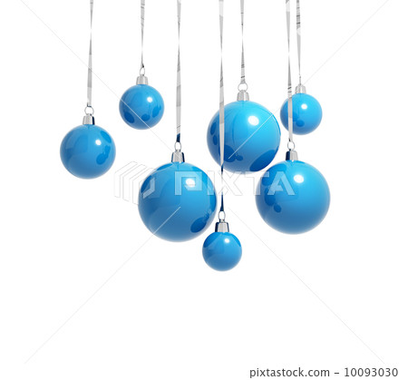Blue Christmas balls hanging on ribbons isolated on white 10093030