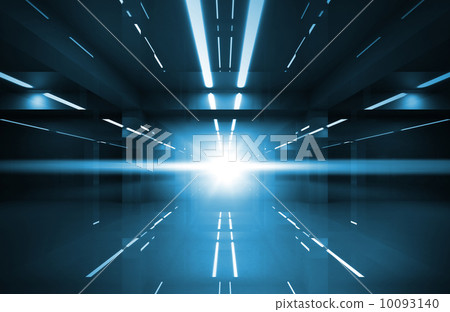 Abstract blue shining interior perspective with neon lights Abstract blue shining interior perspective with neon lights 10093140