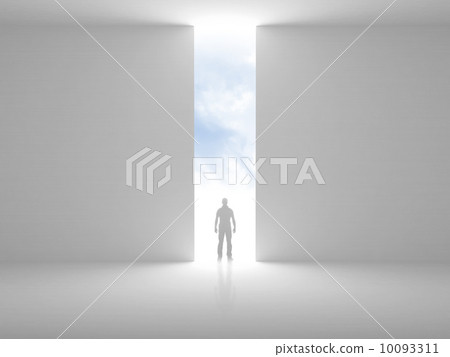 Abstract empty interior with opening in the wall and a man standing in the light Abstract empty interior with opening in the wall and a man standing in the light 10093311