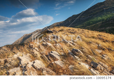 Montenegro. Mountain landscape with dry yellow grass growing on 10095174