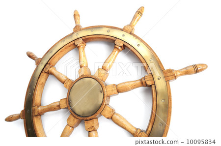 Old wooden steering wheel on white background 10095834