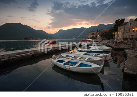 Fishing boats float moored in Perast. Bay of Kotor, Montenegro 10096381