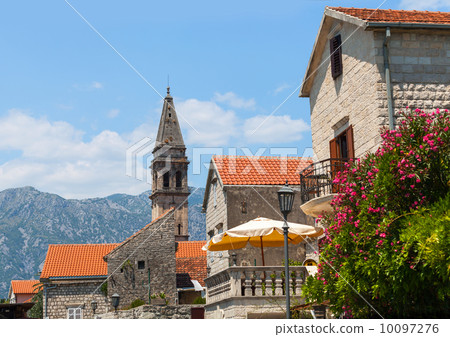 Bell tower of St. Nicholas Church in Perast town. Bay of Kotor 10097276