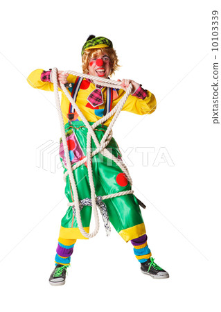 Cheerful clown got confused in a rope isolated on a white background 10103339