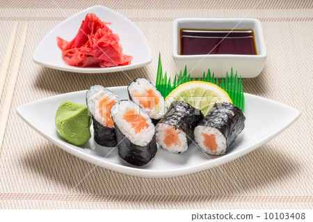Traditional Maki sushi served with wasabi and ginger Traditional Maki sushi served with wasabi and ginger 10103408