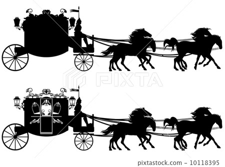 antique carriage with four running horses - easy editable silhouette antique carriage with four running horses - easy editable silhouette 10118395