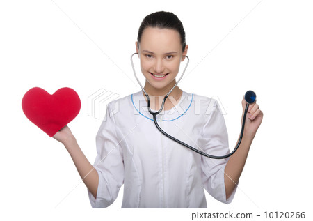 Smiling doctor holding a stethoscope and heart 10120266