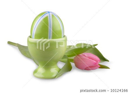 Green Easter eggs with pink tulip, isolated 10124166
