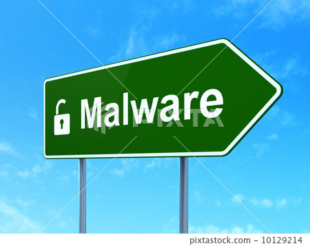 Security concept: Malware and Opened Padlock on road sign background Security concept: Malware and Opened Padlock on road sign background 10129214