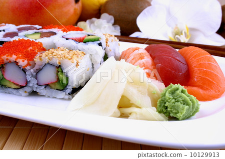 Assorted sushi with wasabi and chopsticks 10129913