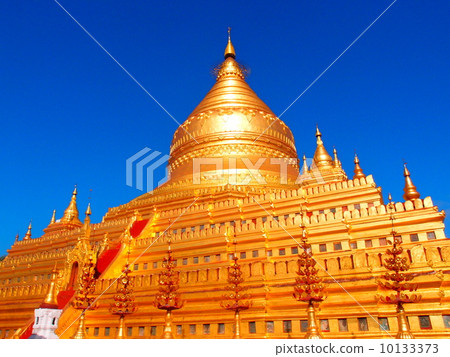 Schweizie-gon Paya, a symbol of Bagan, shining brightly with blue sky behind. 10133373