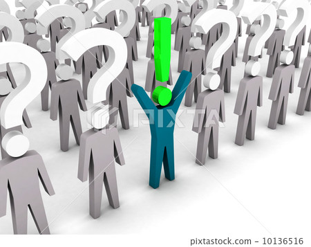 One man with exclamation mark and a lot of men with question marks. Concept 3D illustration. 10136516