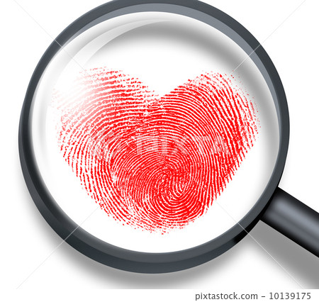red fingerprint in heart shape through magnifying glass 10139175