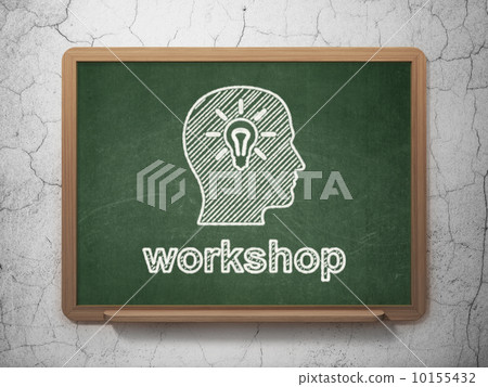Education concept: Head With Light Bulb and Workshop on chalkboard background Education concept: Head With Light Bulb and Workshop on chalkboard background 10155432