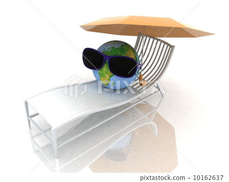 A globe is in dark glasses under an umbrella on a deck-chair A globe is in dark glasses under an umbrella on a deck-chair 10162637