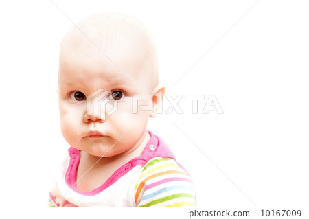 Little sad brown eyed baby, studio portrait isolated on white 10167009