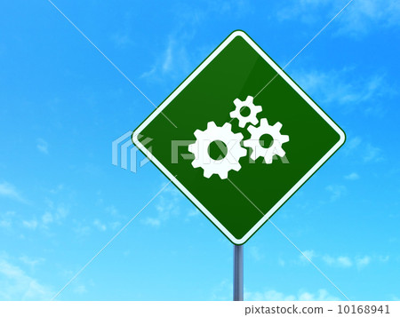 Marketing concept: Gears on road sign background Marketing concept: Gears on road sign background 10168941