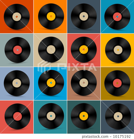 Retro, Vintage Vector Vinyl Record Disc Set on Colorful Background 10175192