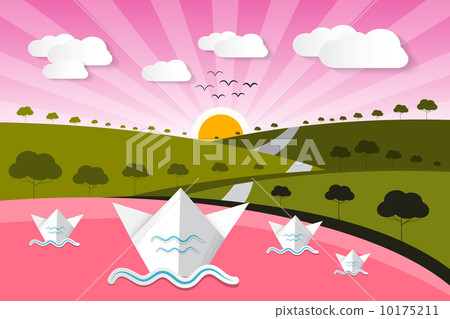 Paper Vector Nature Background with Lake, Trees, Clouds 10175211