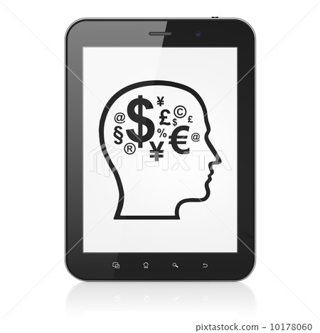 Advertising concept: Head With Finance Symbol on tablet Advertising concept: Head With Finance Symbol on tablet 10178060