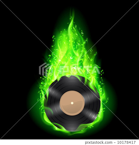Vinyl disc in green fire. Vinyl disc in green fire. 10178417
