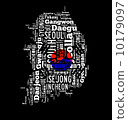 SOUTH KOREA map and words cloud with larger cities isolated on b 10179097