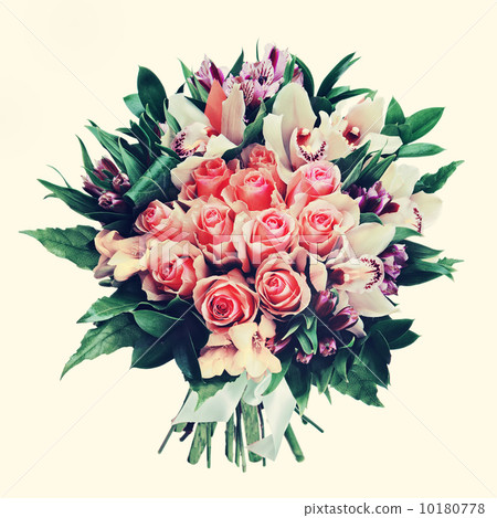 Bouquet of roses, lilies and orchids with retro filter effect. 10180778