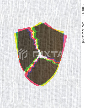 Safety concept: Broken Shield on fabric texture background Safety concept: Broken Shield on fabric texture background 10180812