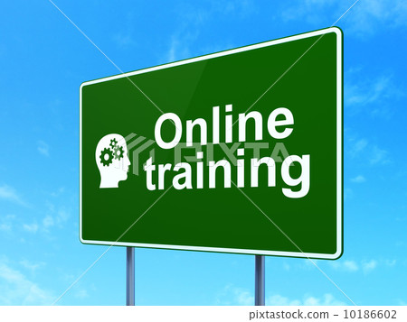 Education concept: Online Training and Head Gears on road sign Education concept: Online Training and Head Gears on road sign 10186602