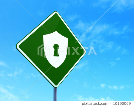 Privacy concept: Shield With Keyhole on road sign background 10190069
