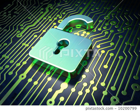 Data concept: Opened Padlock on circuit board background 10200799